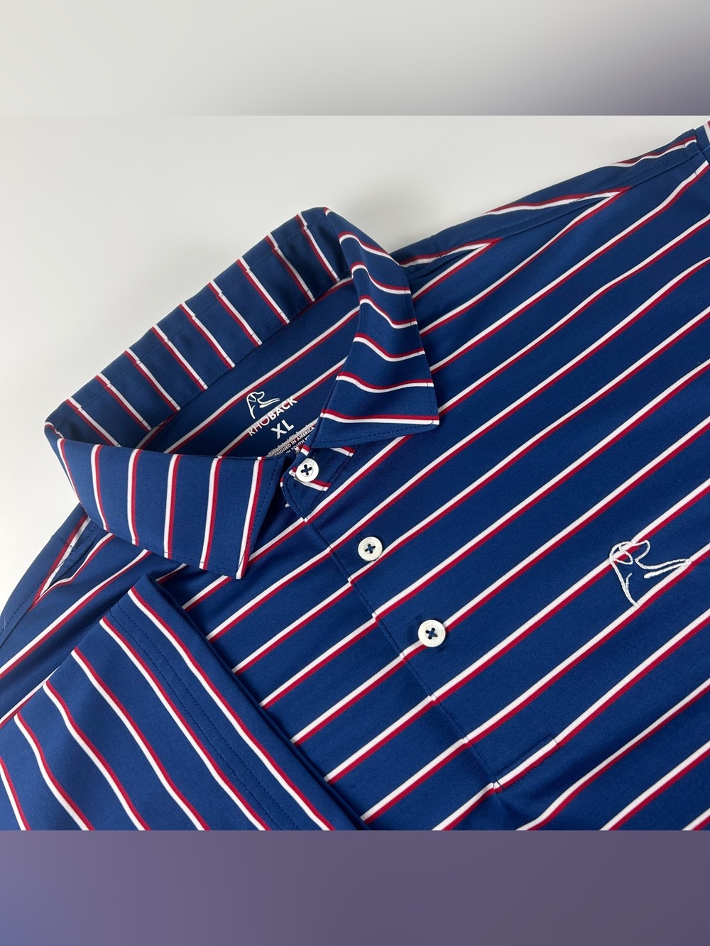 Rhoback Men’s SZ XL Polo Shirt Striped USA Flag Golf Performance Active Business